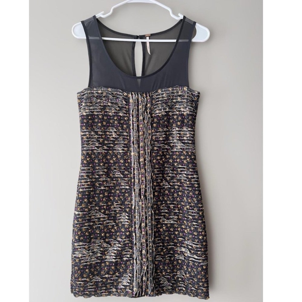 Free People Women's Gray Floral Mesh Ruffle Shimmy Bodycon Mini Dress Size S